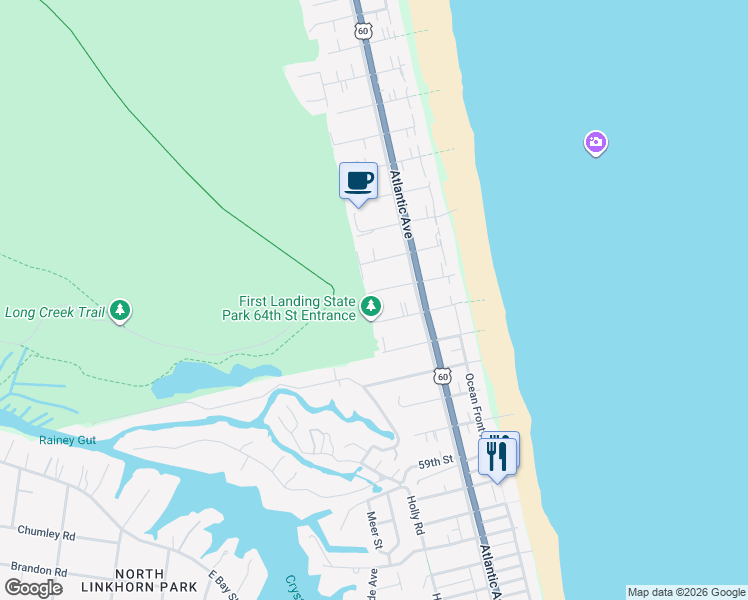 map of restaurants, bars, coffee shops, grocery stores, and more near 215 64th Street in Virginia Beach