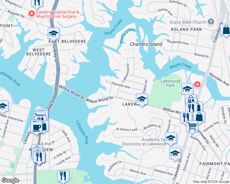 map of restaurants, bars, coffee shops, grocery stores, and more near 5400 Lakewood Drive in Norfolk