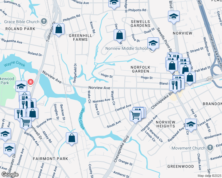 map of restaurants, bars, coffee shops, grocery stores, and more near 949 Norview Avenue in Norfolk