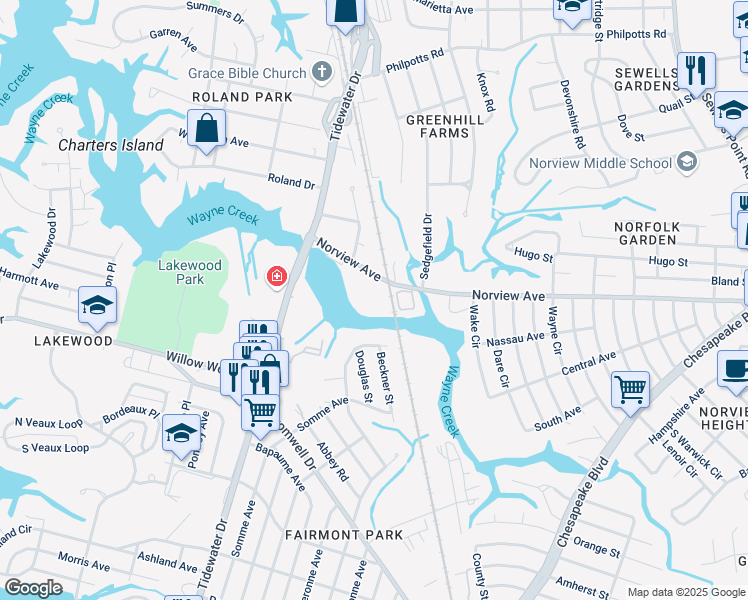 map of restaurants, bars, coffee shops, grocery stores, and more near 827 Norview Ave in Norfolk