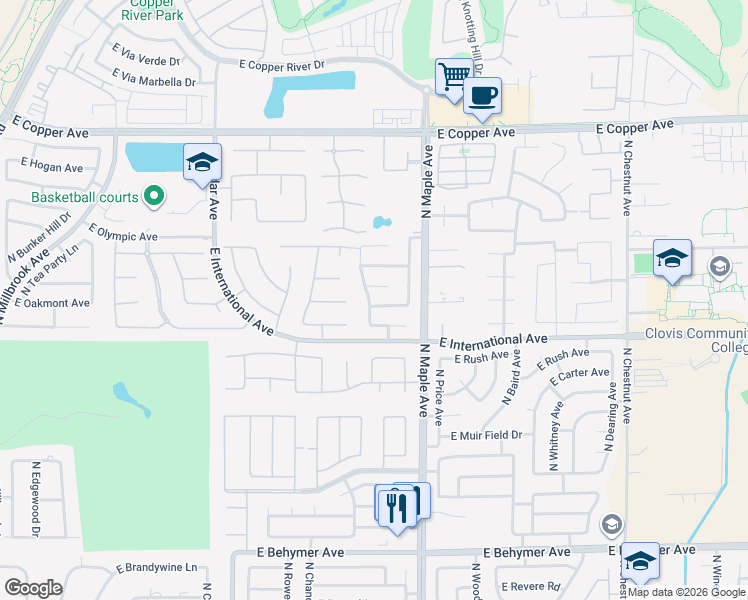 map of restaurants, bars, coffee shops, grocery stores, and more near 1778 East Oakmont Avenue in Fresno