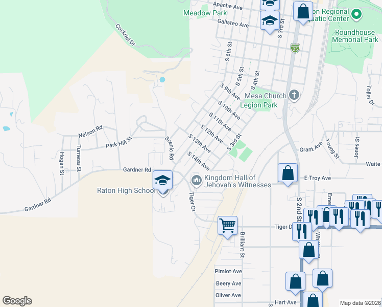 map of restaurants, bars, coffee shops, grocery stores, and more near 1345 South 14th Avenue in Raton