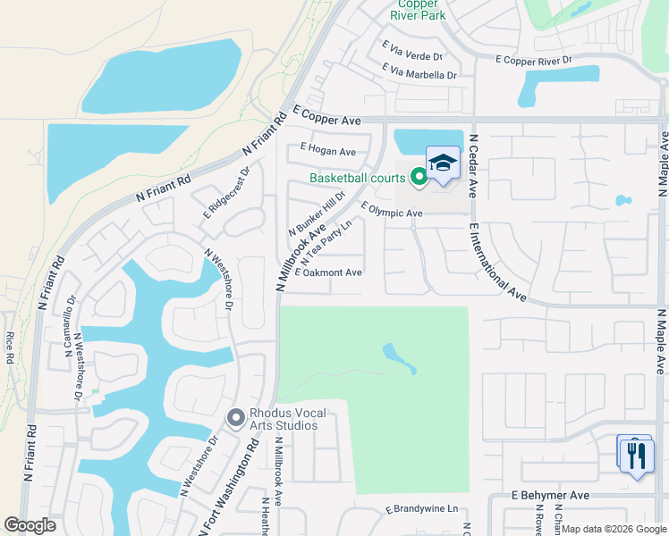 map of restaurants, bars, coffee shops, grocery stores, and more near 1127 East Oakmont Avenue in Fresno