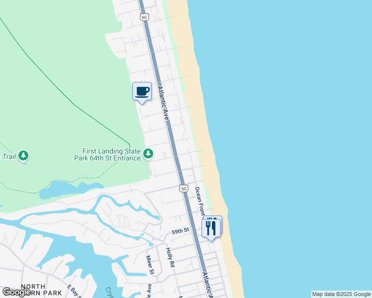 map of restaurants, bars, coffee shops, grocery stores, and more near 106 64th Street in Virginia Beach