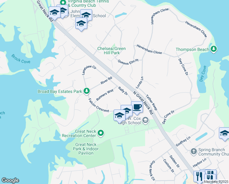 map of restaurants, bars, coffee shops, grocery stores, and more near 2405 Runners Way in Virginia Beach