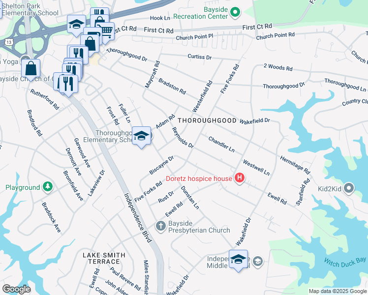 map of restaurants, bars, coffee shops, grocery stores, and more near 4505 Reynolds Drive in Virginia Beach