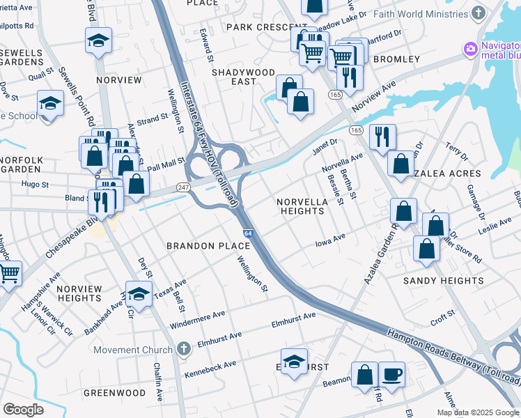 map of restaurants, bars, coffee shops, grocery stores, and more near 5215 Norvella Avenue in Norfolk