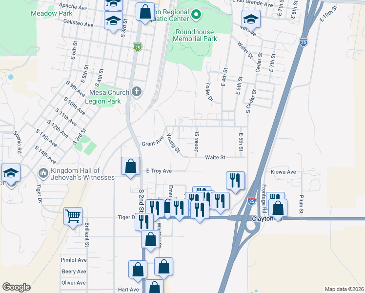 map of restaurants, bars, coffee shops, grocery stores, and more near 127 Waite Street in Raton