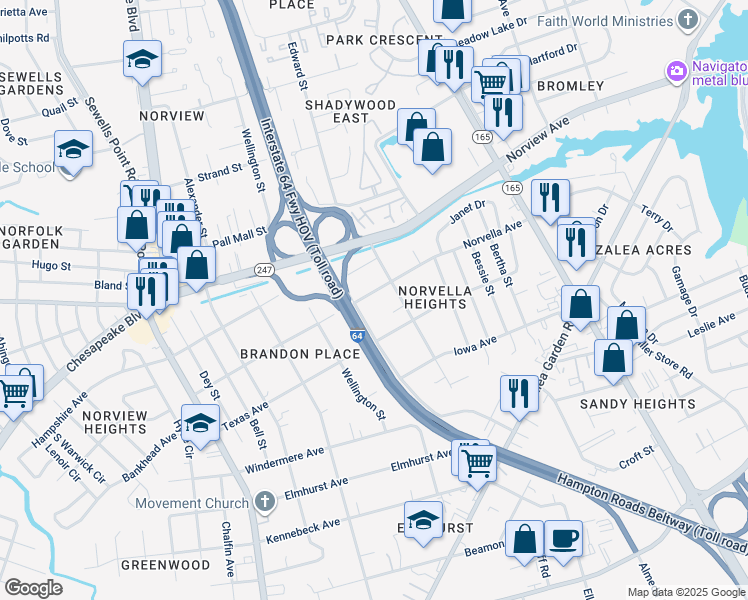 map of restaurants, bars, coffee shops, grocery stores, and more near 5215 Norvella Avenue in Norfolk
