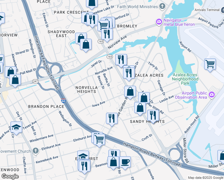 map of restaurants, bars, coffee shops, grocery stores, and more near 3476 Bertha Street in Norfolk