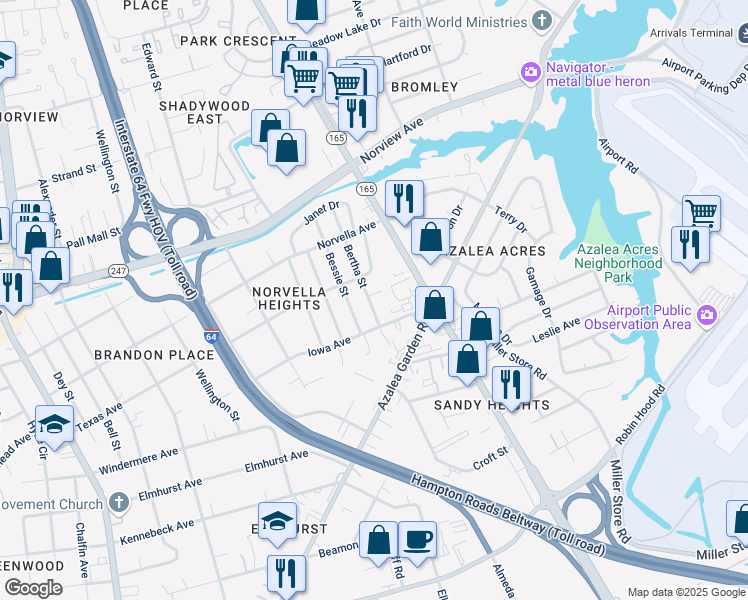 map of restaurants, bars, coffee shops, grocery stores, and more near 3476 Bertha Street in Norfolk
