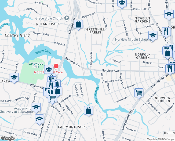 map of restaurants, bars, coffee shops, grocery stores, and more near 851 Norview Avenue in Norfolk