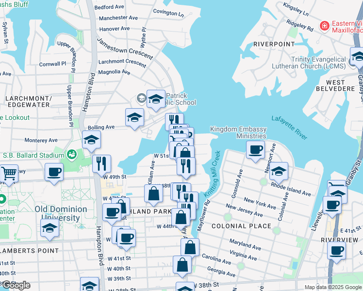 map of restaurants, bars, coffee shops, grocery stores, and more near 798 West 52nd Street in Norfolk