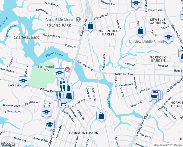 map of restaurants, bars, coffee shops, grocery stores, and more near 827 Norview Avenue in Norfolk