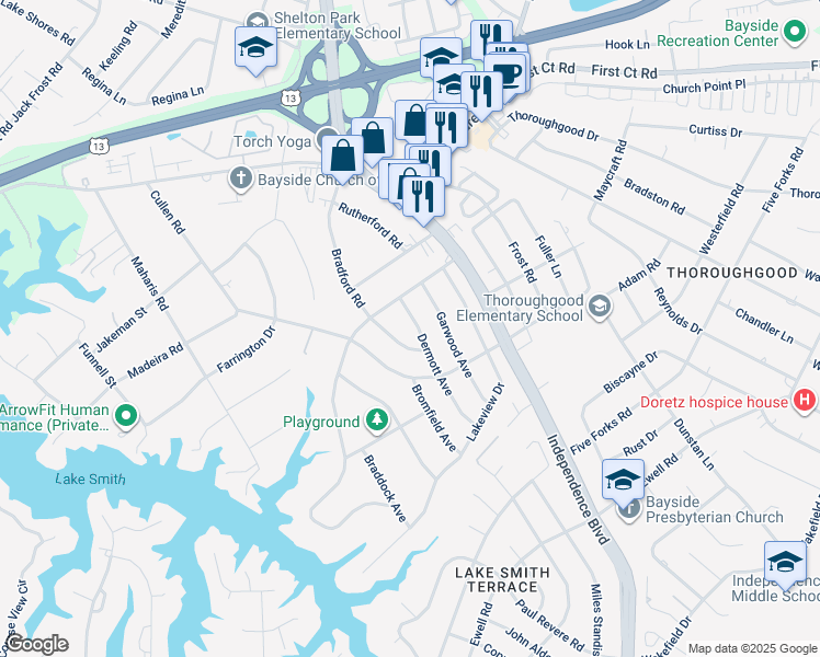 map of restaurants, bars, coffee shops, grocery stores, and more near 1461 Dermott Avenue in Virginia Beach