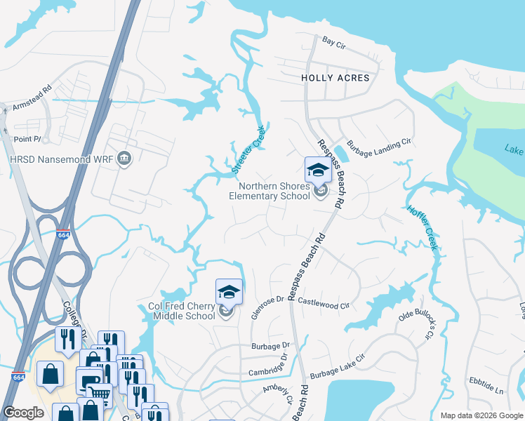 map of restaurants, bars, coffee shops, grocery stores, and more near 6218 Burbage Acres Drive in Suffolk