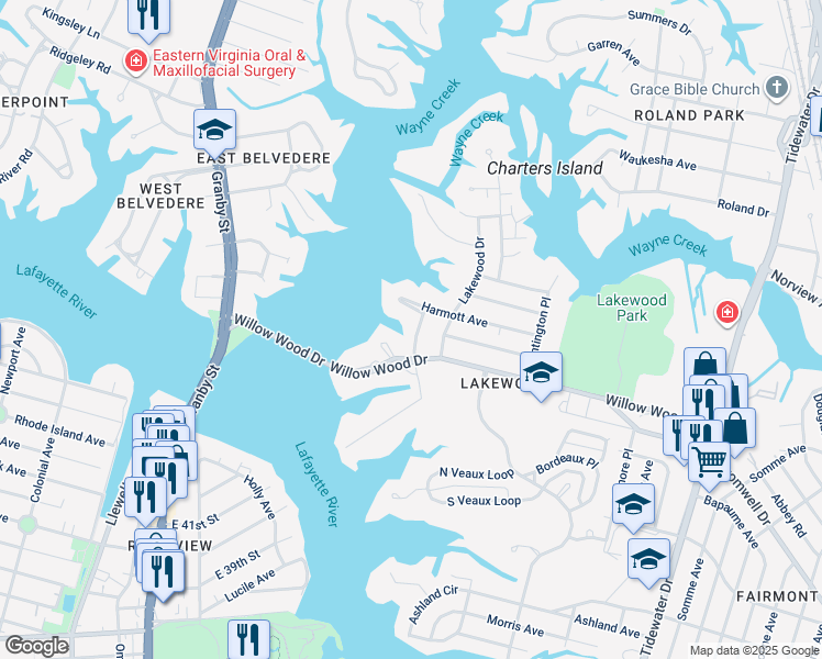 map of restaurants, bars, coffee shops, grocery stores, and more near 5423 Coburn Crescent in Norfolk