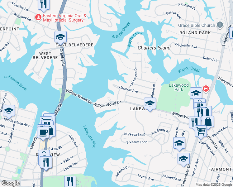 map of restaurants, bars, coffee shops, grocery stores, and more near 5423 Coburn Crescent in Norfolk