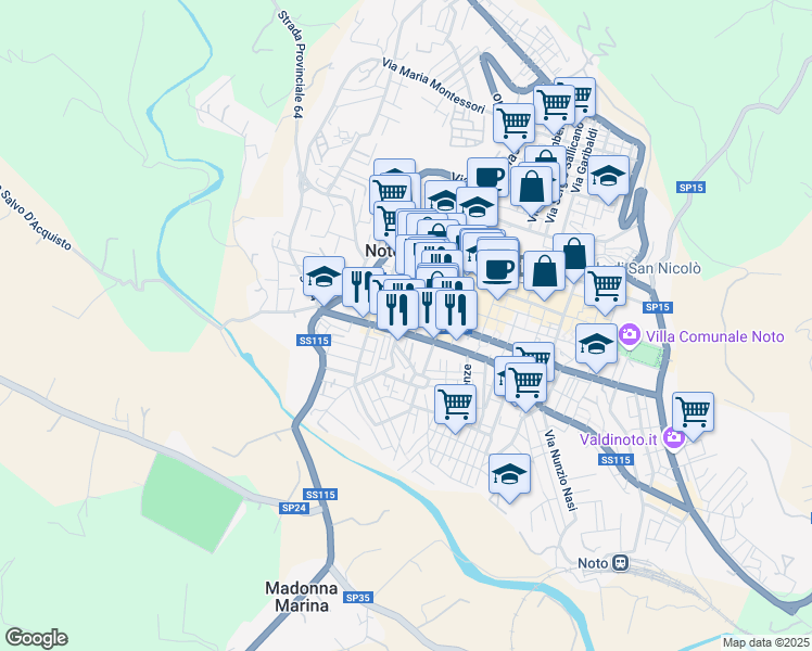 map of restaurants, bars, coffee shops, grocery stores, and more near 39 Vico Carrubo in Noto