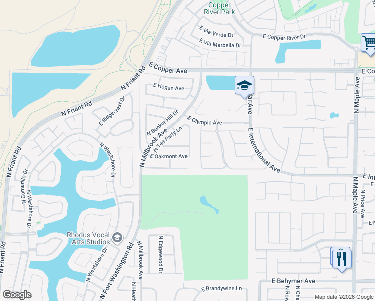 map of restaurants, bars, coffee shops, grocery stores, and more near 10562 North Spanish Bay Drive in Fresno