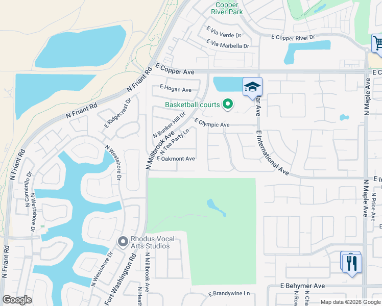 map of restaurants, bars, coffee shops, grocery stores, and more near 10562 North Spanish Bay Drive in Fresno