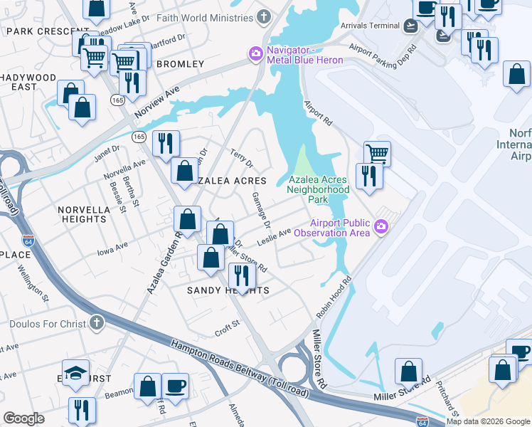 map of restaurants, bars, coffee shops, grocery stores, and more near 5801 Burrell Avenue in Norfolk