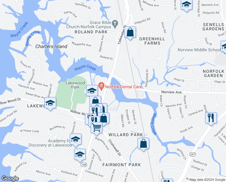 map of restaurants, bars, coffee shops, grocery stores, and more near 5656 Tidewater Drive in Norfolk