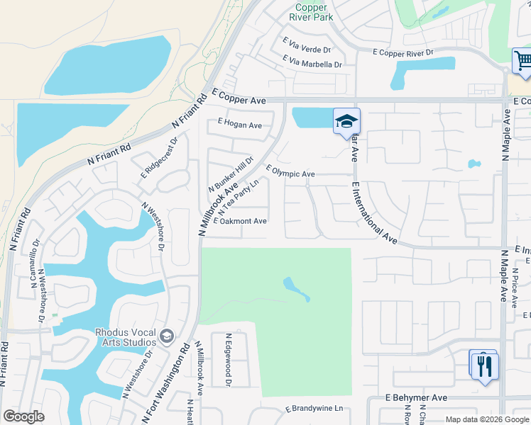 map of restaurants, bars, coffee shops, grocery stores, and more near 10562 North Spanish Bay Drive in Fresno