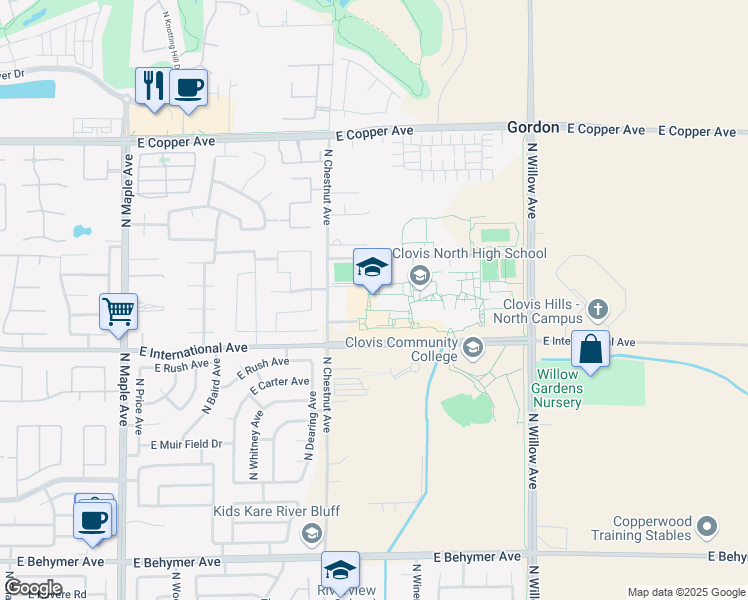 map of restaurants, bars, coffee shops, grocery stores, and more near 2770 East International Avenue in Fresno