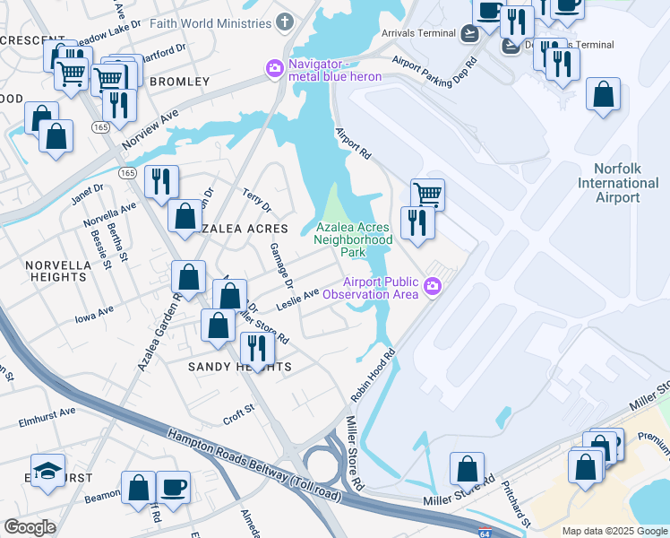 map of restaurants, bars, coffee shops, grocery stores, and more near 5833 Burrell Avenue in Norfolk