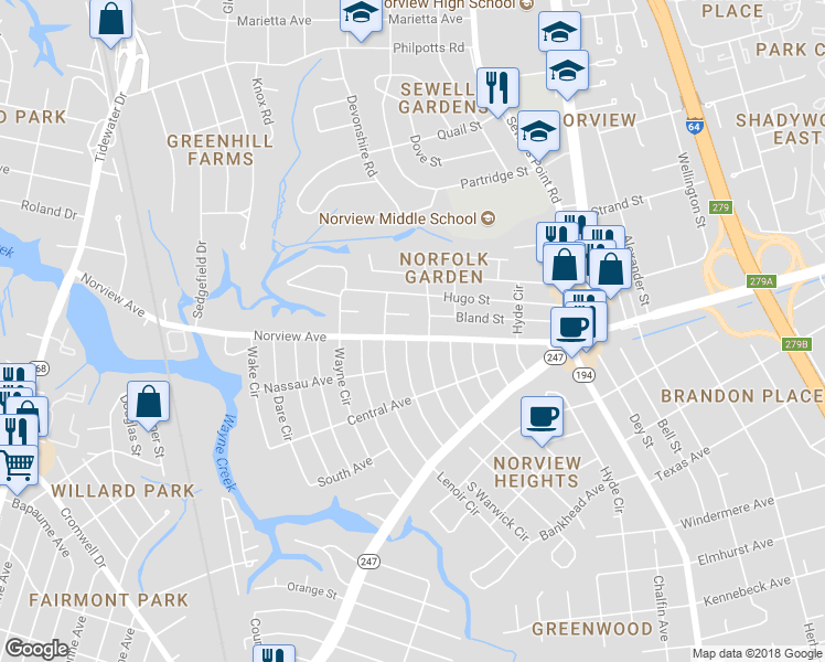 map of restaurants, bars, coffee shops, grocery stores, and more near 1020 Norview Avenue in Norfolk