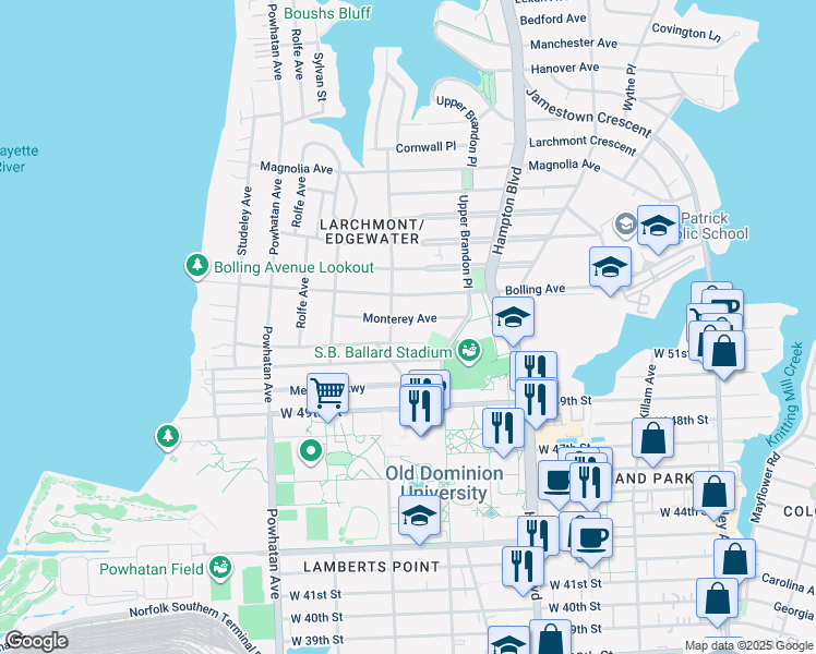 map of restaurants, bars, coffee shops, grocery stores, and more near 1331 Cedar Lane in Norfolk