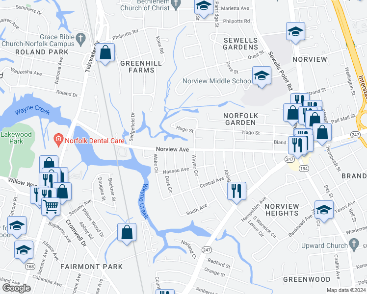map of restaurants, bars, coffee shops, grocery stores, and more near 936 Norview Avenue in Norfolk