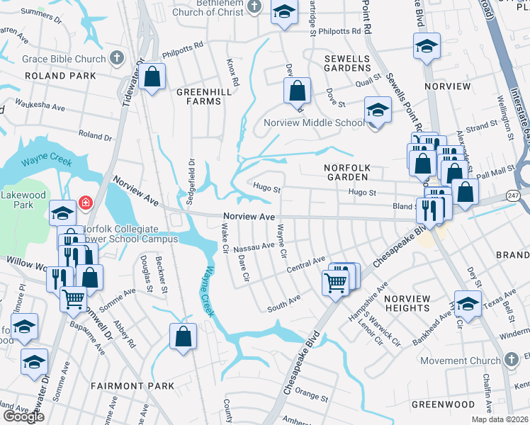 map of restaurants, bars, coffee shops, grocery stores, and more near 936 Norview Avenue in Norfolk