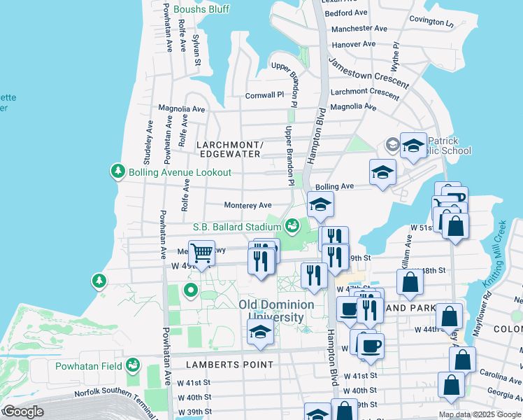 map of restaurants, bars, coffee shops, grocery stores, and more near 1343 Monterey Avenue in Norfolk