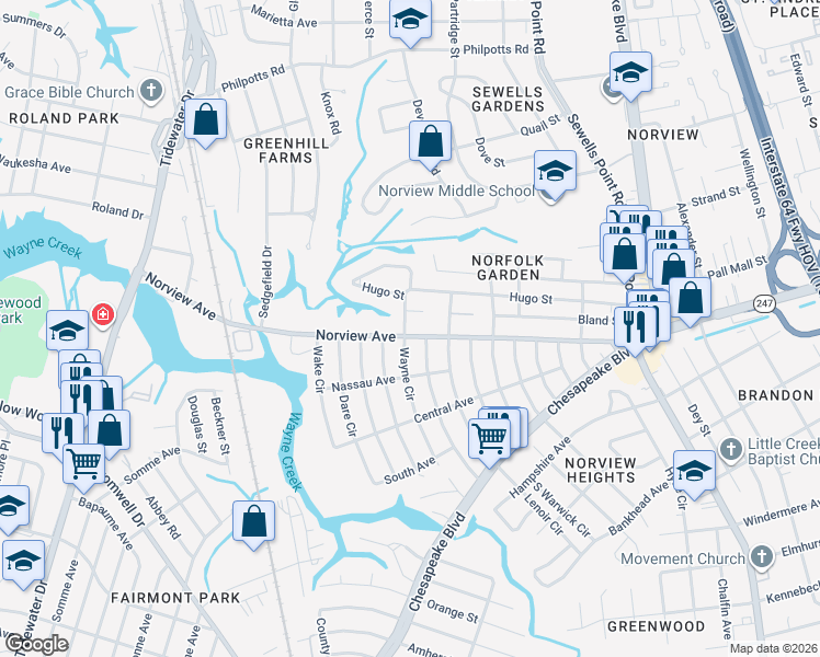 map of restaurants, bars, coffee shops, grocery stores, and more near 3861 Wayne Circle in Norfolk