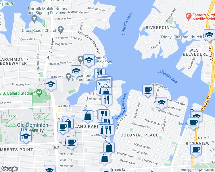 map of restaurants, bars, coffee shops, grocery stores, and more near 796 West 52nd Street in Norfolk