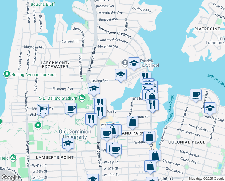 map of restaurants, bars, coffee shops, grocery stores, and more near 1145 Bolling Avenue in Norfolk