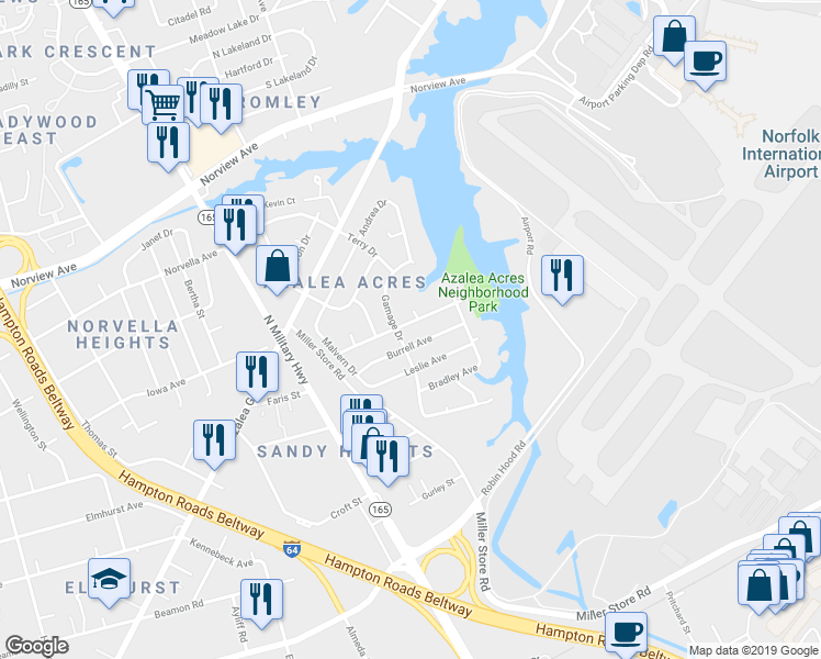 map of restaurants, bars, coffee shops, grocery stores, and more near 5801 Burrell Avenue in Norfolk