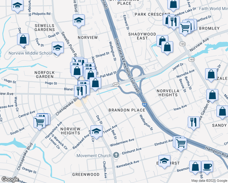 map of restaurants, bars, coffee shops, grocery stores, and more near 4874 Hampshire Avenue in Norfolk
