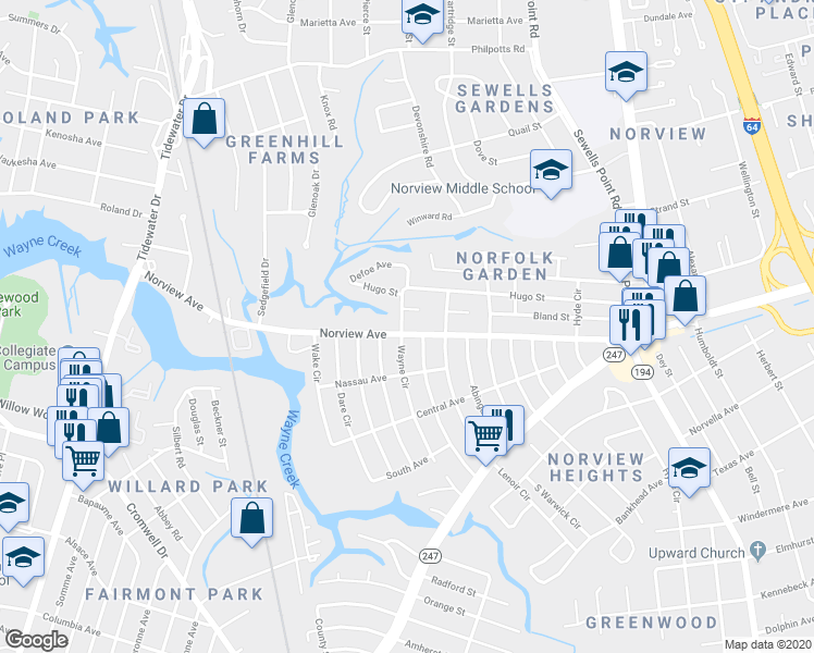 map of restaurants, bars, coffee shops, grocery stores, and more near 3861 Wayne Circle in Norfolk