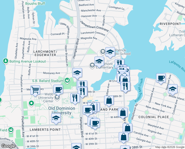 map of restaurants, bars, coffee shops, grocery stores, and more near 1145 Bolling Avenue in Norfolk