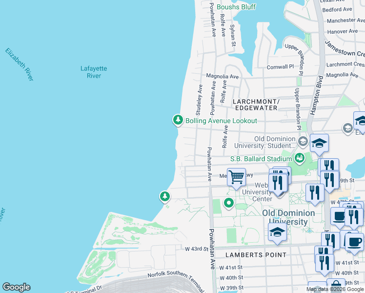 map of restaurants, bars, coffee shops, grocery stores, and more near 5109 Studeley Avenue in Norfolk
