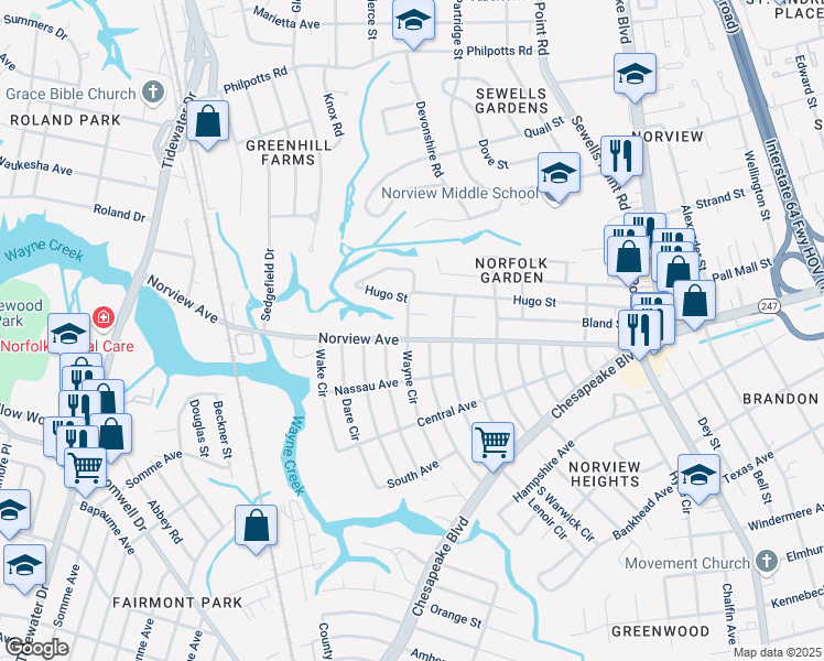 map of restaurants, bars, coffee shops, grocery stores, and more near 956 Norview Avenue in Norfolk