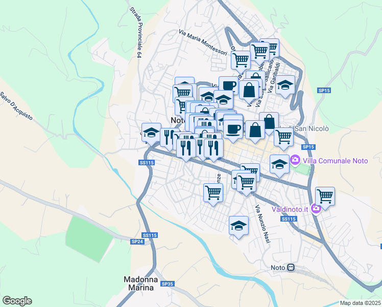 map of restaurants, bars, coffee shops, grocery stores, and more near 39 Vico Bosso in Noto