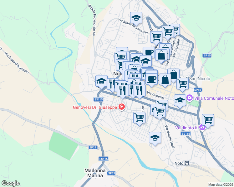 map of restaurants, bars, coffee shops, grocery stores, and more near 15A Via Arturo Toscanini in Noto
