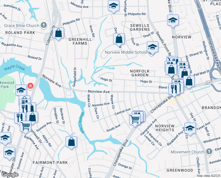 map of restaurants, bars, coffee shops, grocery stores, and more near 948 Norview Avenue in Norfolk