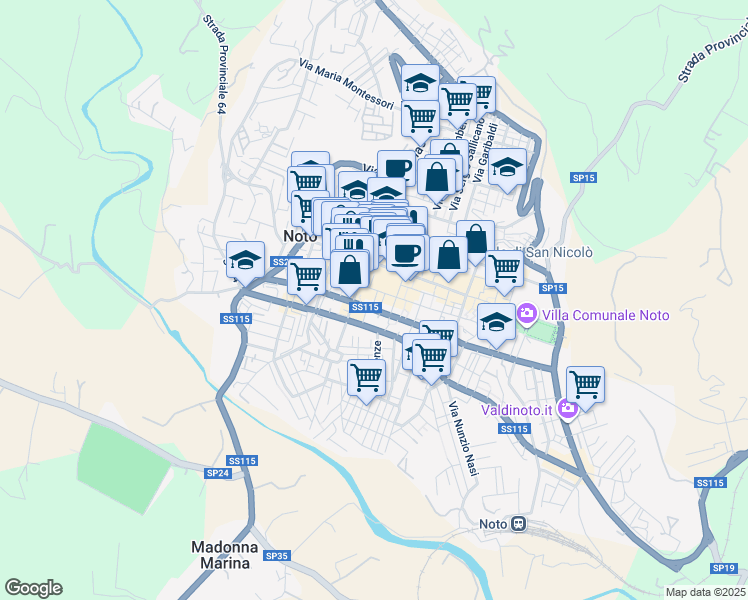 map of restaurants, bars, coffee shops, grocery stores, and more near 7 Via Arnaldo da Brescia in Noto