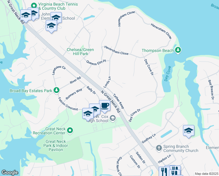 map of restaurants, bars, coffee shops, grocery stores, and more near 2113 Lords Landing in Virginia Beach