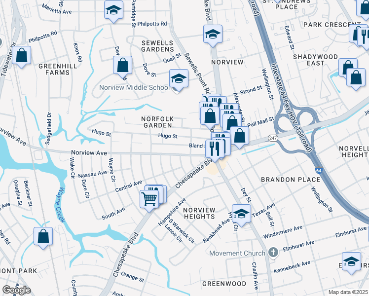 map of restaurants, bars, coffee shops, grocery stores, and more near 1101 Hugo Street in Norfolk